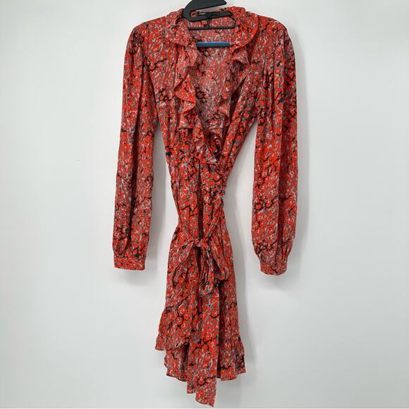 SALE!!! Maje Red Ruffle-trimmed Leopard-print Crepe Mini Wrap Dress - Picture 10 of 10